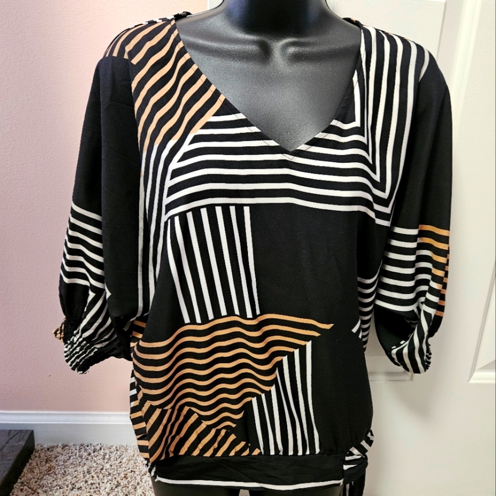 New York & Company Striped V-neck Top with side Tie